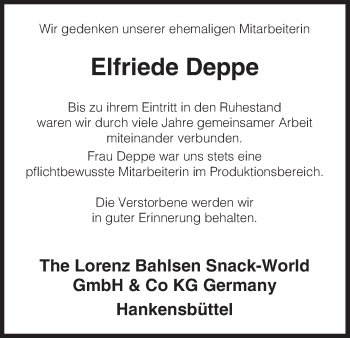 Traueranzeige von Elfriede Deppe von Uelzen