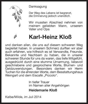 Traueranzeige von Karl-Heinz Kloß von Uelzen