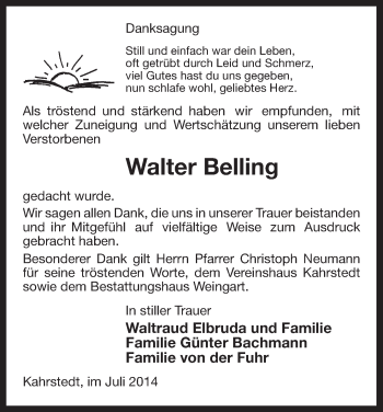 Traueranzeige von Walter Belling von Uelzen