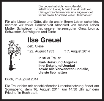 Traueranzeige von Ilse Greuel von Uelzen