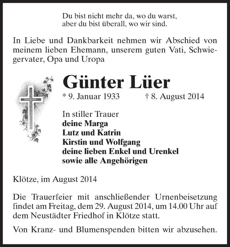  Traueranzeige für Günter Lüer vom 13.08.2014 aus Uelzen