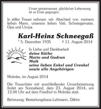 Traueranzeige von Karl-Heinz Schneegaß von Uelzen