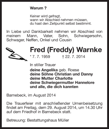 Traueranzeige von Fred  Warnke von Uelzen