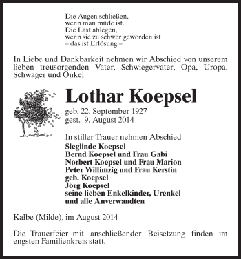 Traueranzeige von Lothar Koepsel von Uelzen