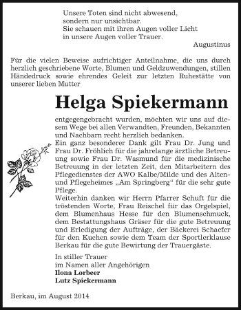 Traueranzeige von Helga Spiekermann von Uelzen