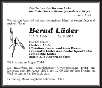 Traueranzeige von Bernd Lüder von Uelzen