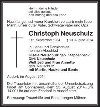 Traueranzeige von Christoph Neuschulz von Uelzen