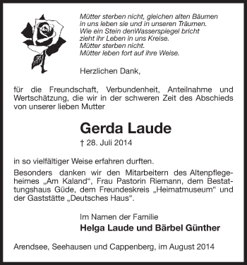 Traueranzeige von Gerda Laude von Uelzen