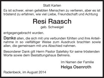 Traueranzeige von Resi Raasch von Uelzen