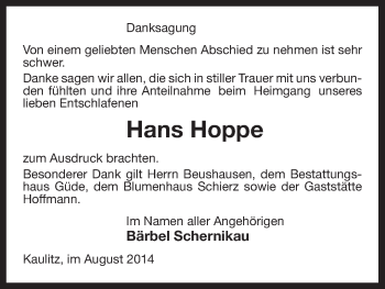 Traueranzeige von Hans Hoppe von Uelzen