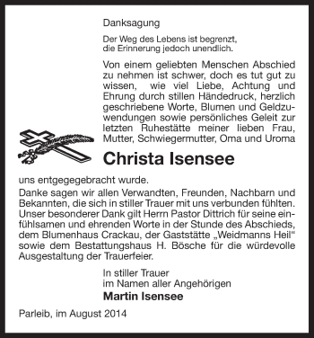 Traueranzeige von Christa Isensee von Uelzen