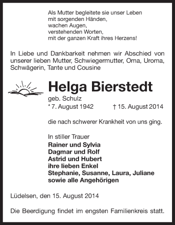 Traueranzeige von Helga Bierstedt von Uelzen