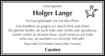 Traueranzeige von Holger Lange von Uelzen