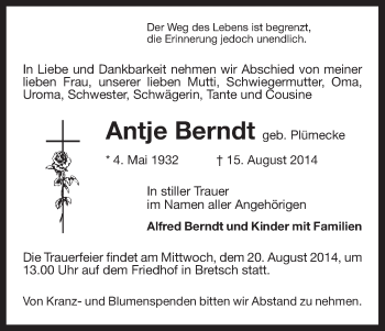 Traueranzeige von Antje Berndt von Uelzen