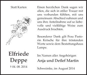 Traueranzeige von Elfriede Deppe von Uelzen