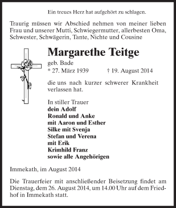 Traueranzeige von Margarethe Teitge von Uelzen