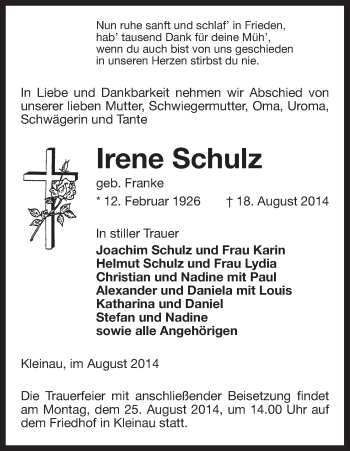 Traueranzeige von Irene Schulz von Uelzen