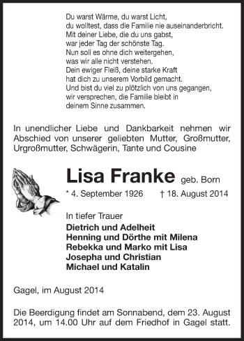 Traueranzeige von Lisa Franke von Uelzen