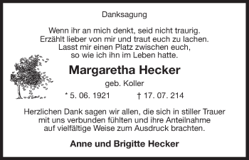 Traueranzeige von Margaretha Hecker von Uelzen