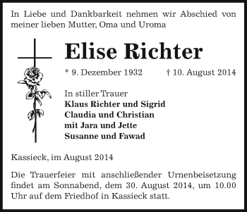 Traueranzeige von Elise Richter von Uelzen