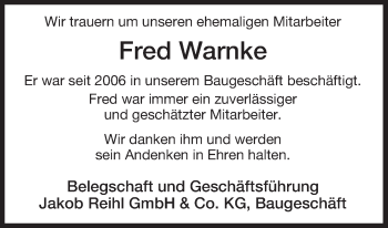 Traueranzeige von Fred  Warnke von Uelzen