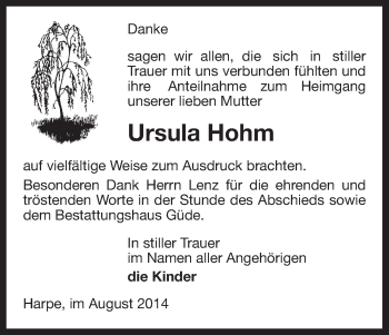 Traueranzeige von Ursula Hohm von Uelzen