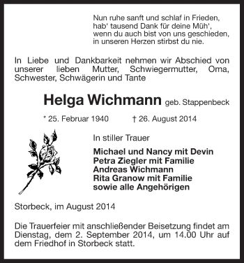 Traueranzeige von Helga Wichmann von Uelzen