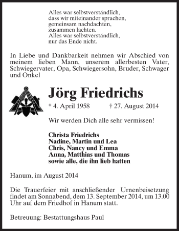 Traueranzeige von Jörg Friedrichs von Uelzen