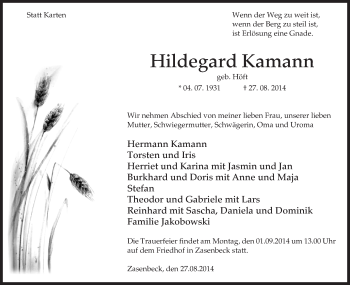 Traueranzeige von Hildegard Kamann von Uelzen