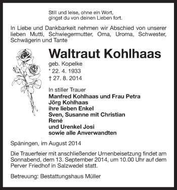 Traueranzeige von Waltraut Kohlhaas von Uelzen