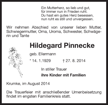 Traueranzeige von Hildegard Pinnecke von Uelzen