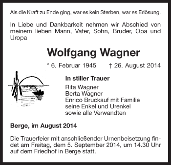 Traueranzeige von Wolfgang Wagner von Uelzen