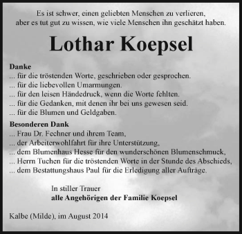 Traueranzeige von Lothar Koepsel von Uelzen