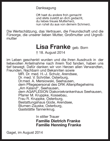 Traueranzeige von Lisa Franke von Uelzen