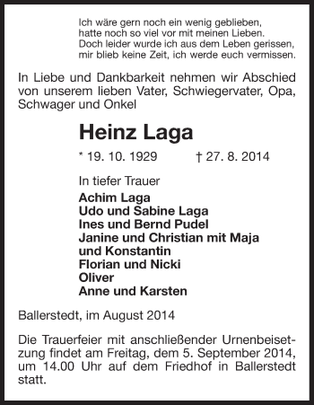 Traueranzeige von Heinz Laga von Uelzen