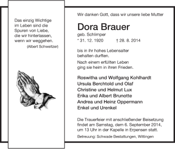 Traueranzeige von Dora Brauer von Uelzen