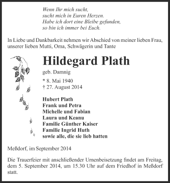 Traueranzeige von Hildegard Plath von Uelzen