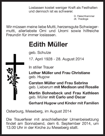 Traueranzeige von Edith Müller von Uelzen