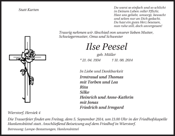 Traueranzeige von Ilse Peesel von Uelzen