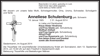 Traueranzeige von Anneliese Schulenburg von Uelzen