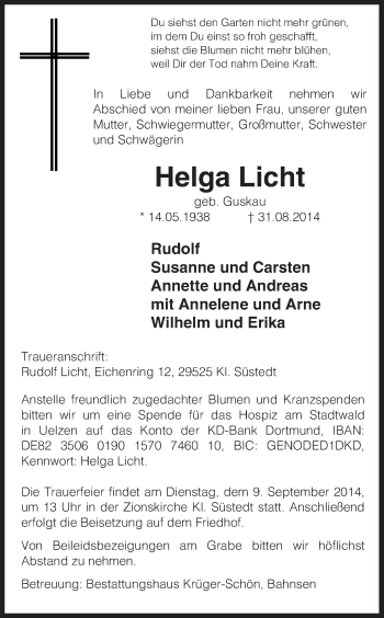 Traueranzeige von Helga Licht von Uelzen