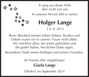 Traueranzeige von Holger Lange von Uelzen