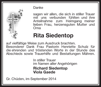 Traueranzeige von Rita Siedentop von Uelzen