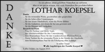 Traueranzeige von Lothar Koepsel von Uelzen