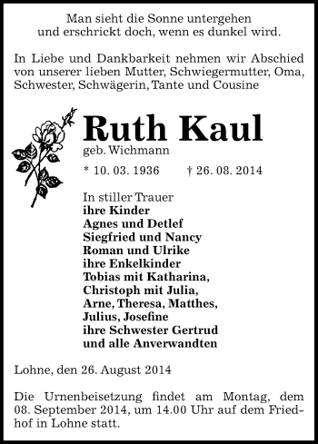 Traueranzeige von Ruth Kaul von Uelzen