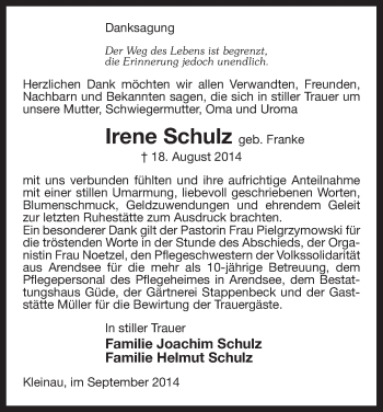 Traueranzeige von Irene Schulz von Uelzen