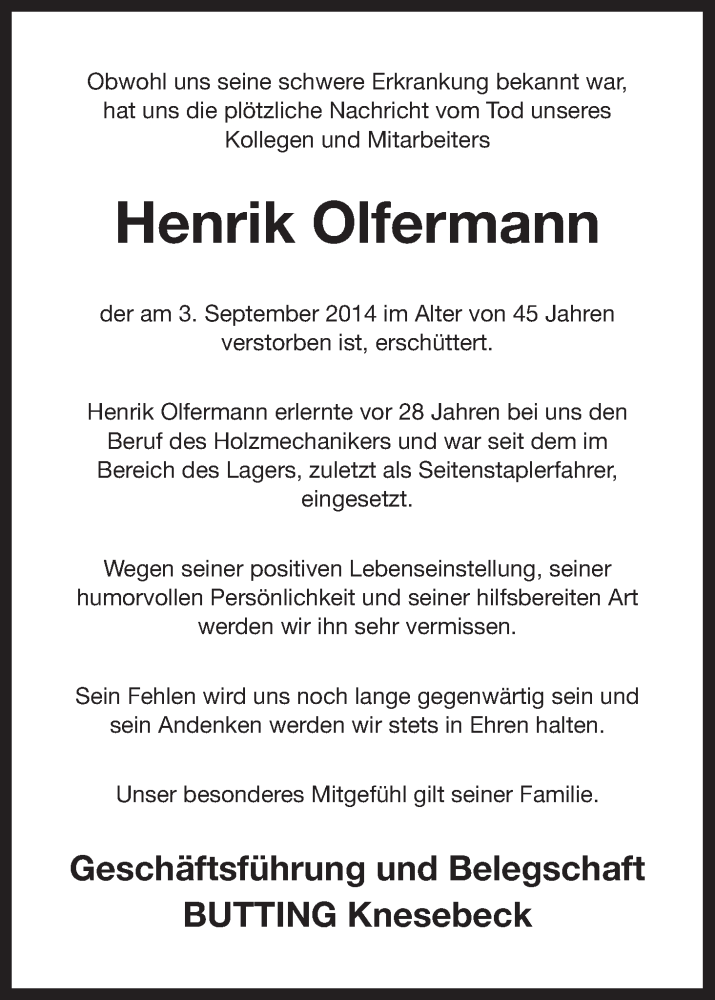  Traueranzeige für Henrik Olfermann vom 06.09.2014 aus Uelzen