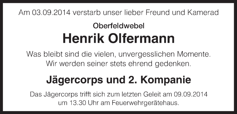  Traueranzeige für Henrik Olfermann vom 09.09.2014 aus Uelzen
