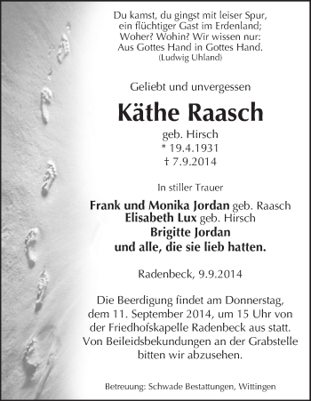 Traueranzeige von Käthe Raasch von Uelzen