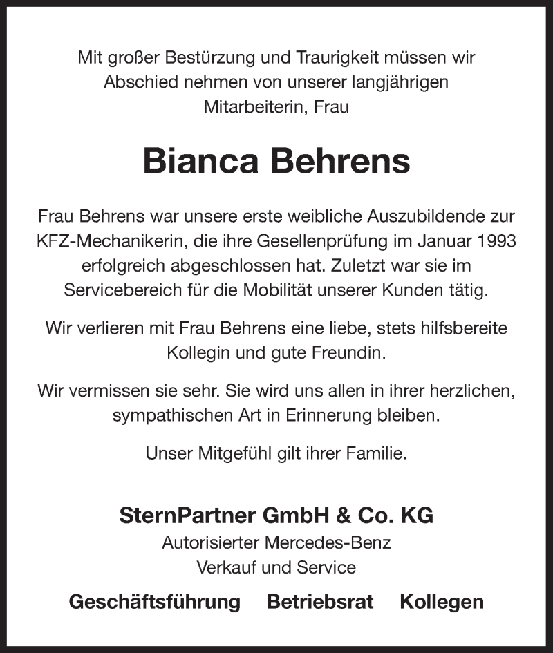  Traueranzeige für Bianca Behrens vom 13.09.2014 aus Uelzen